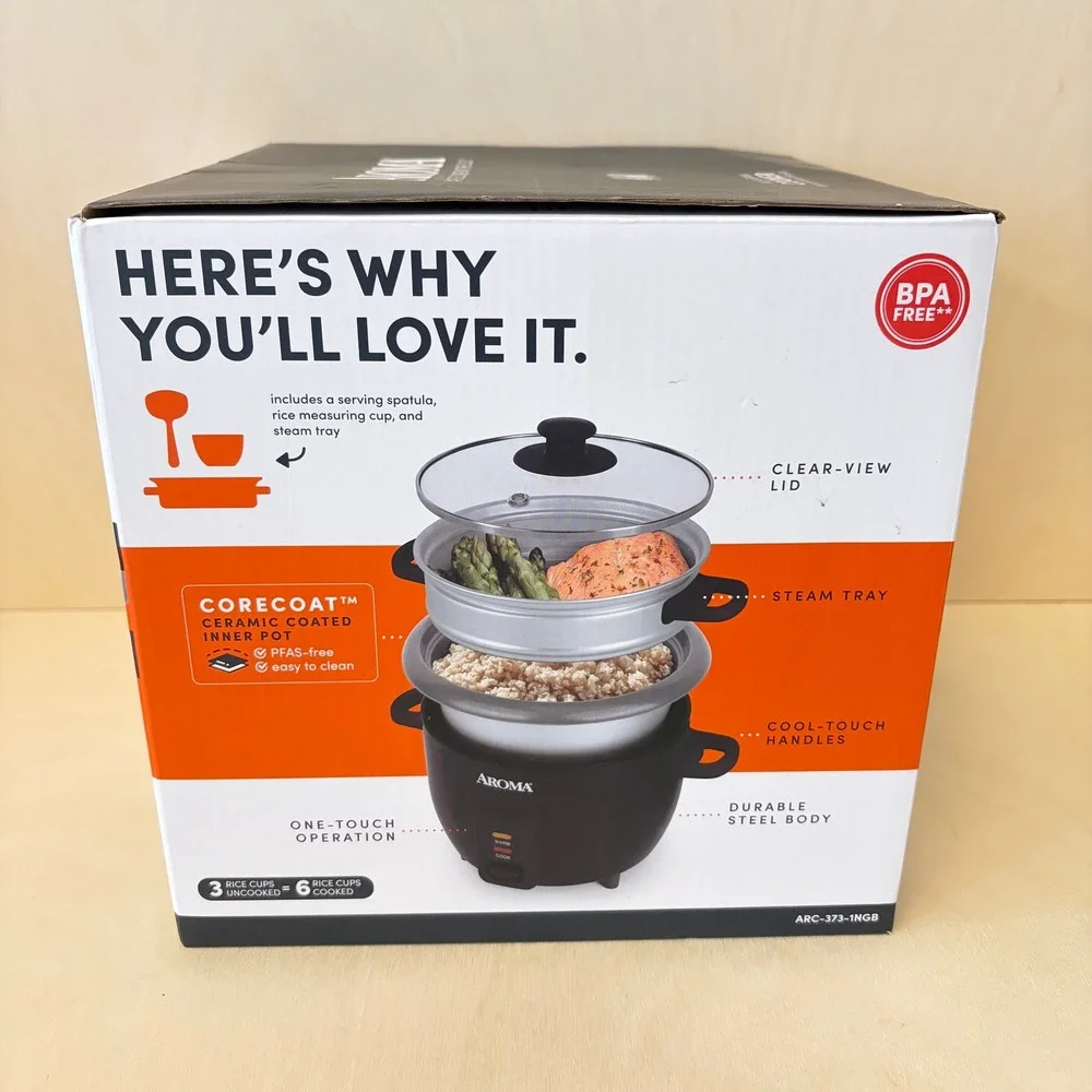Aroma Rice Grain Cooker 6 Cup Black One-Touch Ceramic Pot 1.5 Quart NEW Open Box